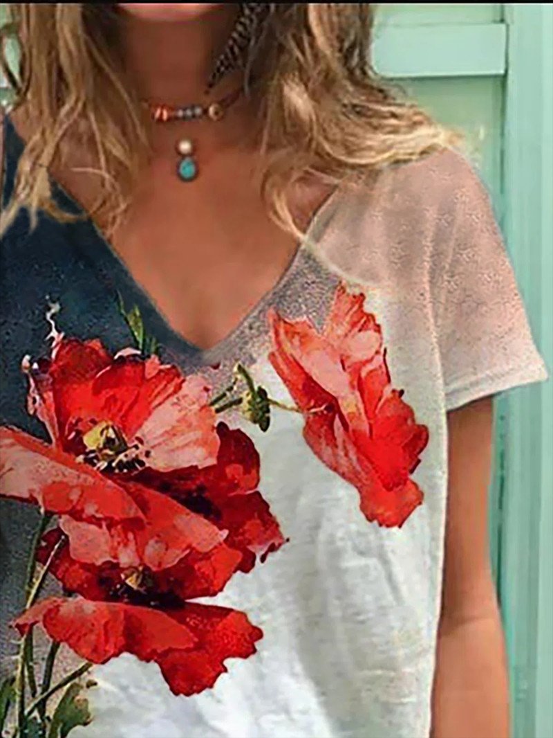 Flower Print Casual V-neck Short Sleeve T-shirt - T-Shirts - INS | Online Fashion Free Shipping Clothing, Dresses, Tops, Shoes - 01/06/2021 - Category_T-Shirts - Color_White