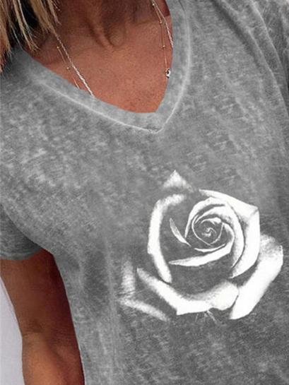 Flower Print Casual V-Neck Short Sleeve T-Shirt - T-Shirts - INS | Online Fashion Free Shipping Clothing, Dresses, Tops, Shoes - 10-20 - 28/06/2021 - Category_T-Shirts