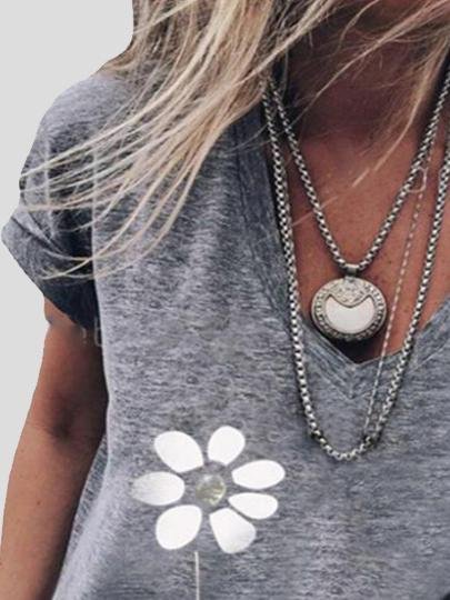 Flower Print Casual V-Neck Short Sleeve T-Shirt - T-Shirts - INS | Online Fashion Free Shipping Clothing, Dresses, Tops, Shoes - 10-20 - 28/06/2021 - Category_T-Shirts