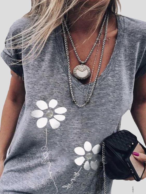 Flower Print Casual V-Neck Short Sleeve T-Shirt - T-Shirts - INS | Online Fashion Free Shipping Clothing, Dresses, Tops, Shoes - 10-20 - 28/06/2021 - Category_T-Shirts