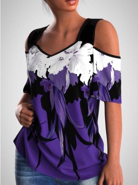 Flower Print Cold Shoulder Lace Stitching T-shirt - T-Shirts - INS | Online Fashion Free Shipping Clothing, Dresses, Tops, Shoes - 04/06/2021 - Category_T-Shirts - Color_Multicolor