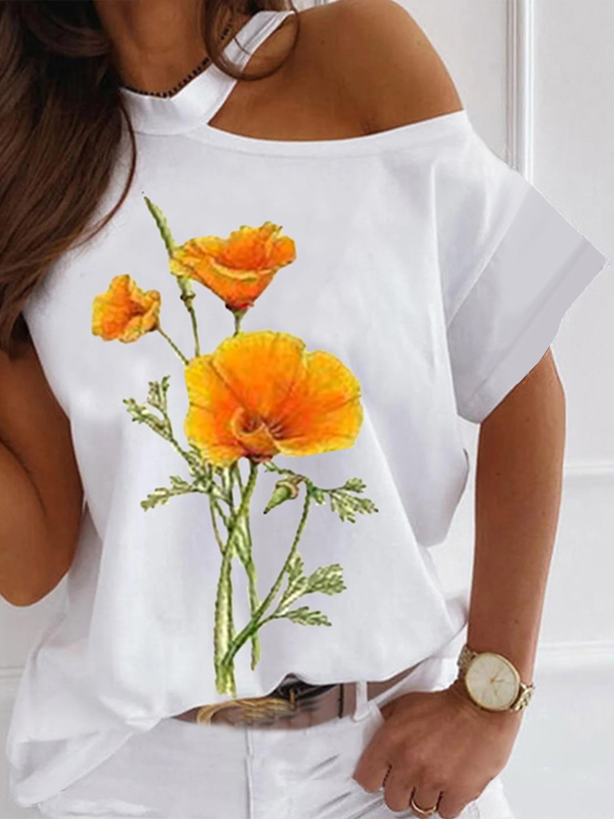 Flower Print Off-shoulder Halterneck T-shirt - T-shirts - INS | Online Fashion Free Shipping Clothing, Dresses, Tops, Shoes - 07/07/2021 - 20-30 - color-yellow