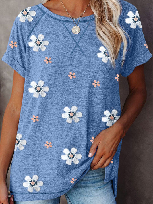Flower Print Round Neck Short Sleeve T-Shirt - T-Shirts - INS | Online Fashion Free Shipping Clothing, Dresses, Tops, Shoes - 17/07/2021 - 20-30 - Category_T-Shirts
