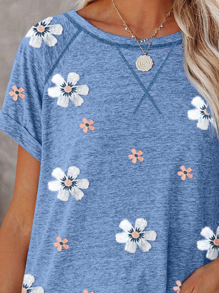 Flower Print Round Neck Short Sleeve T-Shirt - T-Shirts - INS | Online Fashion Free Shipping Clothing, Dresses, Tops, Shoes - 17/07/2021 - 20-30 - Category_T-Shirts