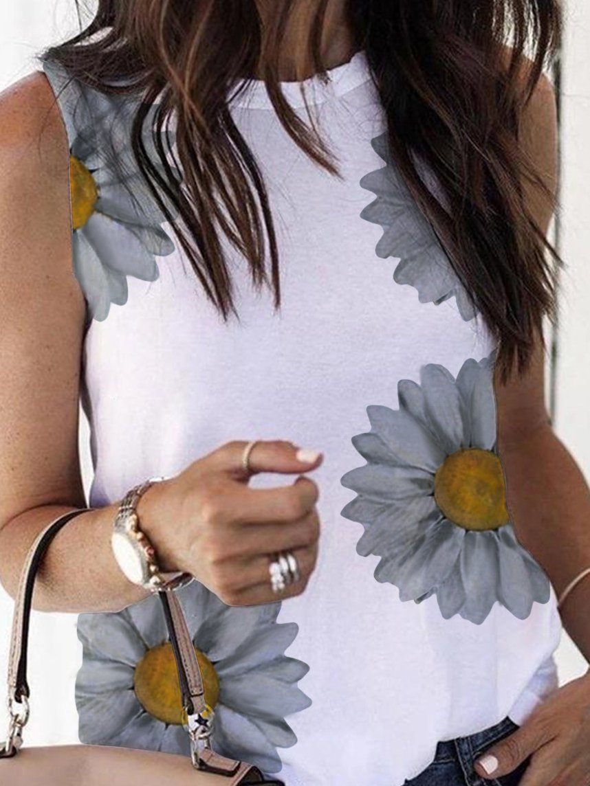 Flower Print Sleeveless Crew Neck Tank Top - Tank Tops - INS | Online Fashion Free Shipping Clothing, Dresses, Tops, Shoes - 07/07/2021 - 10-20 - color-white