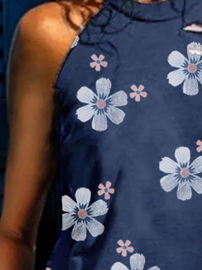 Flower Print Sleeveless Round Neck Tank Top - Tank Tops - INS | Online Fashion Free Shipping Clothing, Dresses, Tops, Shoes - 05/06/2021 - Color_Blue - LXQ
