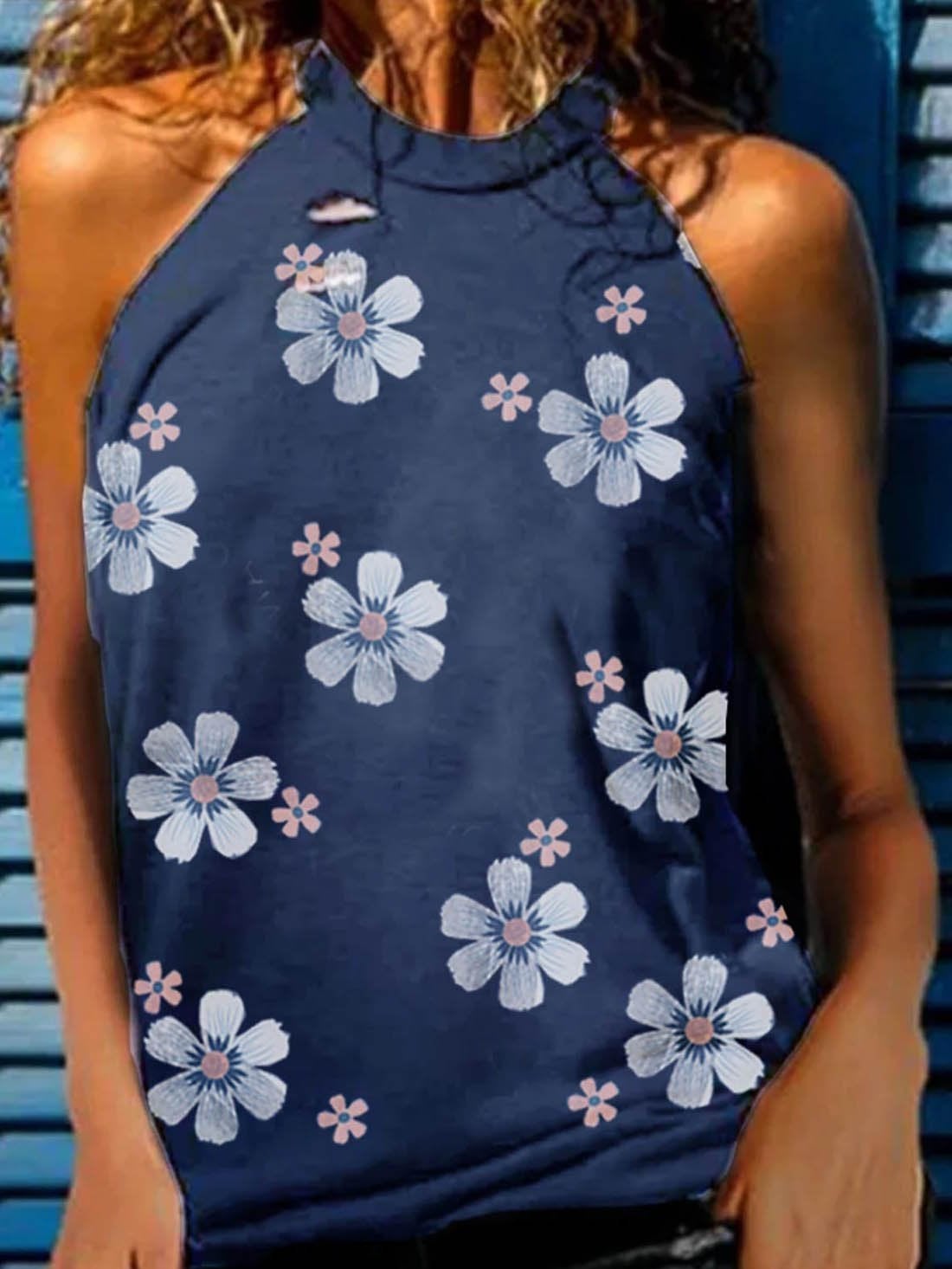 Flower Print Sleeveless Round Neck Tank Top - Tank Tops - INS | Online Fashion Free Shipping Clothing, Dresses, Tops, Shoes - 05/06/2021 - Color_Blue - LXQ