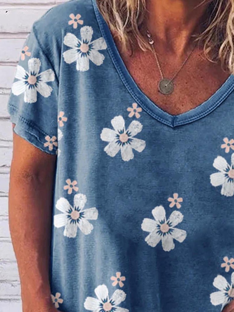 Flower Print V-neck Loose Short Sleeve T-Shirt - T-Shirts - INS | Online Fashion Free Shipping Clothing, Dresses, Tops, Shoes - 10/06/2021 - Category_T-Shirts - Color_Blue
