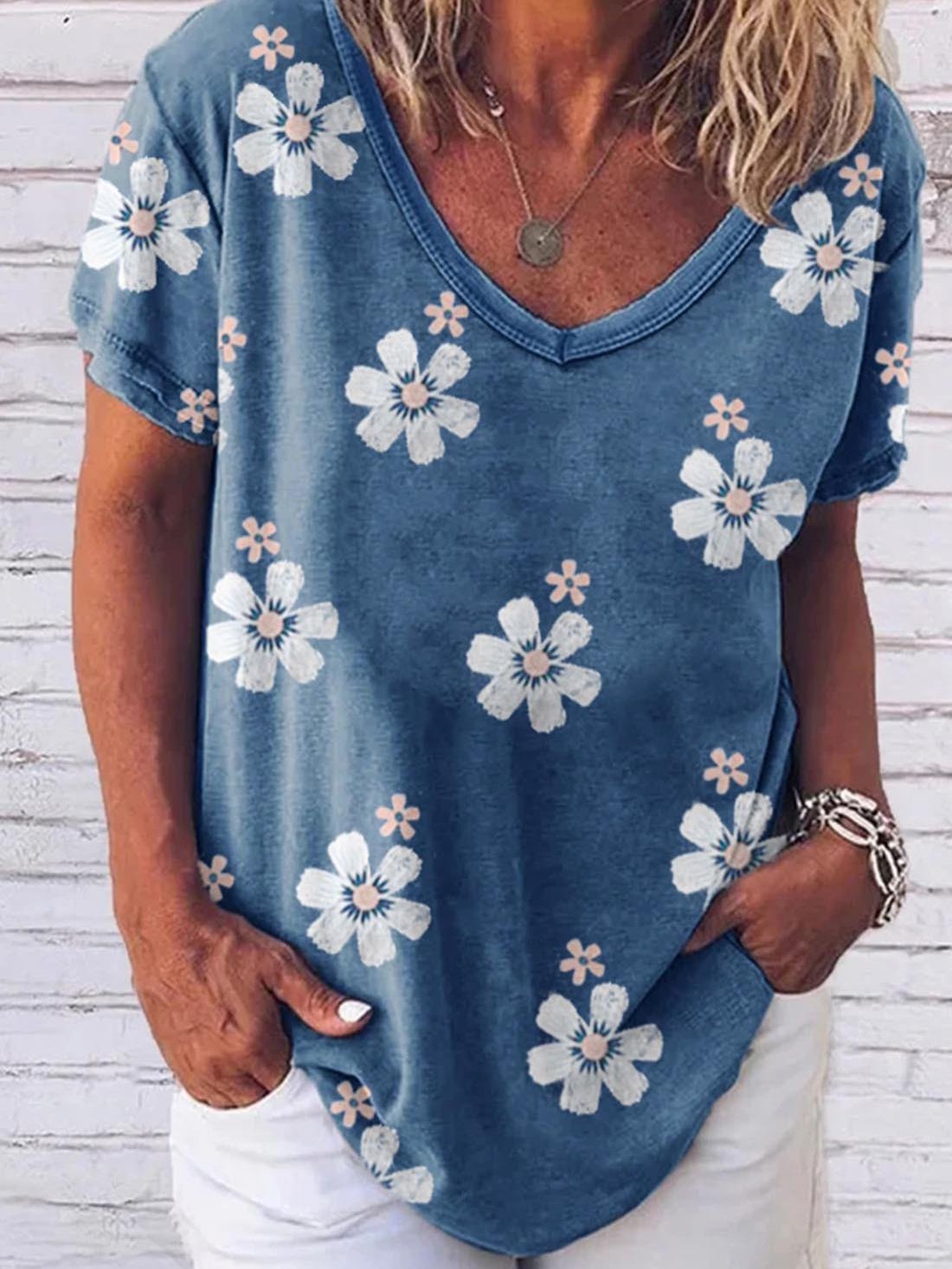 Flower Print V-neck Loose Short Sleeve T-Shirt - T-Shirts - INS | Online Fashion Free Shipping Clothing, Dresses, Tops, Shoes - 10/06/2021 - Category_T-Shirts - Color_Blue