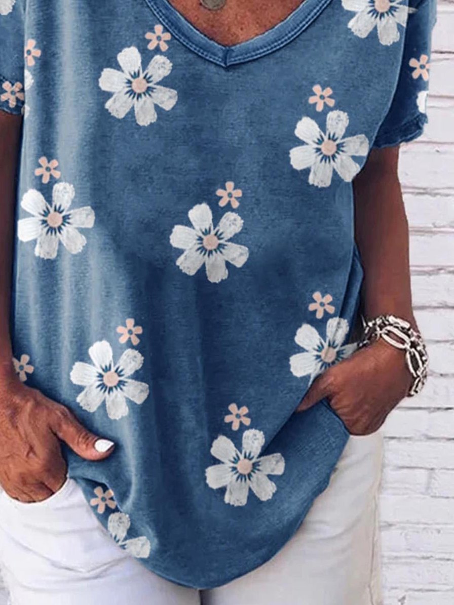 Flower Print V-neck Loose Short Sleeve T-Shirt - T-Shirts - INS | Online Fashion Free Shipping Clothing, Dresses, Tops, Shoes - 10/06/2021 - Category_T-Shirts - Color_Blue