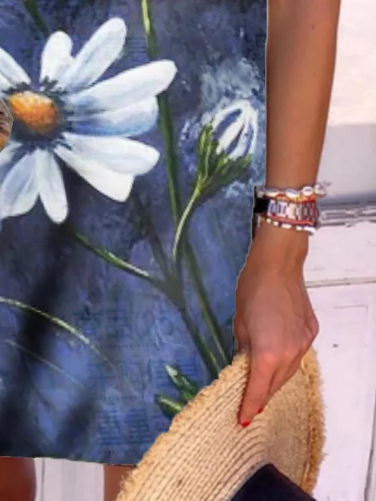 Flower Print V-neck Short Sleeve Dress - Mini Dresses - INS | Online Fashion Free Shipping Clothing, Dresses, Tops, Shoes - 11/06/2021 - Color_Blue - DRE2106110381