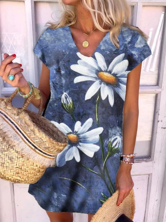 Flower Print V-neck Short Sleeve Dress - Mini Dresses - INS | Online Fashion Free Shipping Clothing, Dresses, Tops, Shoes - 11/06/2021 - Color_Blue - DRE2106110381