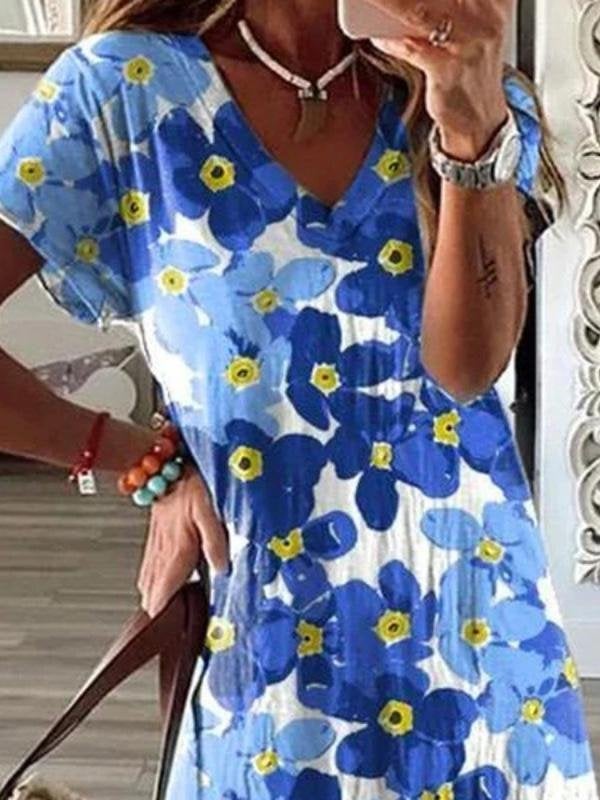 Flower Print V-Neck Short Sleeve Split Dress - Maxi Dresses - INS | Online Fashion Free Shipping Clothing, Dresses, Tops, Shoes - 20-30 - 21/07/2021 - Category_Maxi Dresses