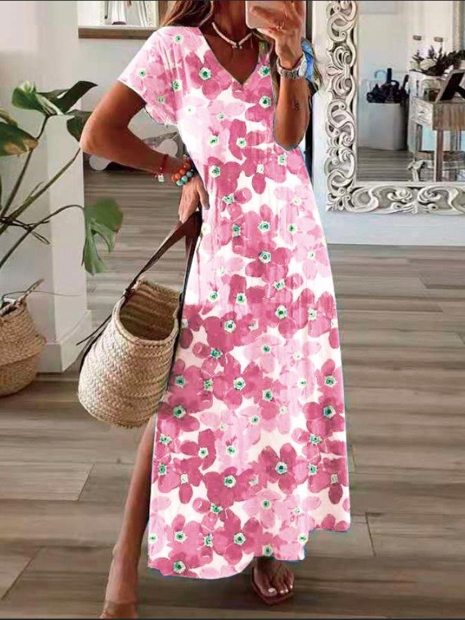 Flower Print V-Neck Short Sleeve Split Dress - Maxi Dresses - INS | Online Fashion Free Shipping Clothing, Dresses, Tops, Shoes - 20-30 - 21/07/2021 - Category_Maxi Dresses