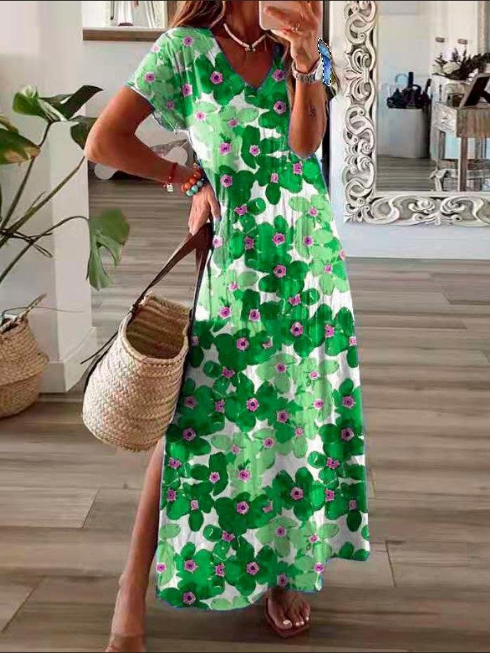 Flower Print V-Neck Short Sleeve Split Dress - Maxi Dresses - INS | Online Fashion Free Shipping Clothing, Dresses, Tops, Shoes - 20-30 - 21/07/2021 - Category_Maxi Dresses