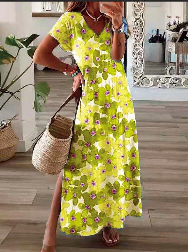 Flower Print V-Neck Short Sleeve Split Dress - Maxi Dresses - INS | Online Fashion Free Shipping Clothing, Dresses, Tops, Shoes - 20-30 - 21/07/2021 - Category_Maxi Dresses