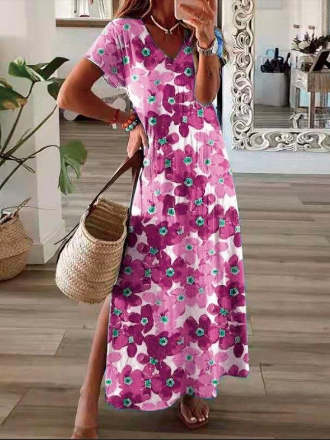 Flower Print V-Neck Short Sleeve Split Dress - Maxi Dresses - INS | Online Fashion Free Shipping Clothing, Dresses, Tops, Shoes - 20-30 - 21/07/2021 - Category_Maxi Dresses
