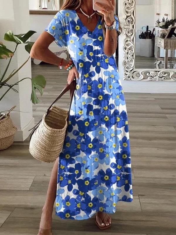 Flower Print V-Neck Short Sleeve Split Dress - Maxi Dresses - INS | Online Fashion Free Shipping Clothing, Dresses, Tops, Shoes - 20-30 - 21/07/2021 - Category_Maxi Dresses