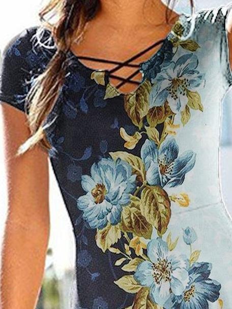 Flower Printed Cut Out V-neck Dress - Mini Dresses - INS | Online Fashion Free Shipping Clothing, Dresses, Tops, Shoes - 16/06/2021 - 20-30 - color-blue