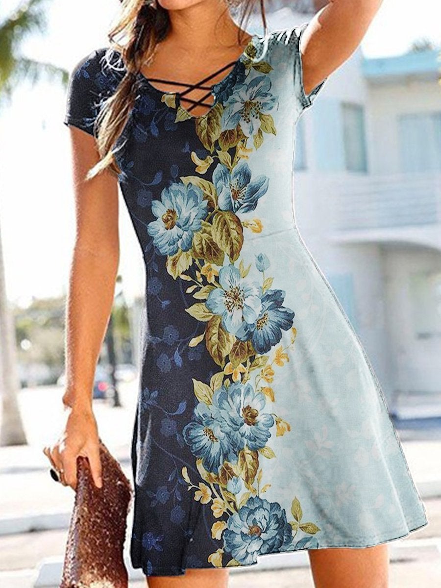 Flower Printed Cut Out V-neck Dress - Mini Dresses - INS | Online Fashion Free Shipping Clothing, Dresses, Tops, Shoes - 16/06/2021 - 20-30 - color-blue
