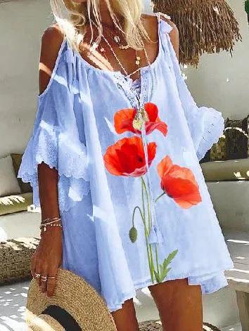 Flower Printed Off-shoulder Mini Dress - Mini Dresses - INS | Online Fashion Free Shipping Clothing, Dresses, Tops, Shoes - 15/06/2021 - Color_Blue - Color_Pink