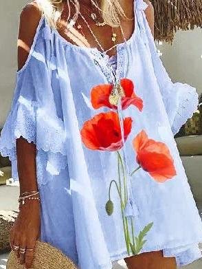 Flower Printed Off-shoulder Mini Dress - Mini Dresses - INS | Online Fashion Free Shipping Clothing, Dresses, Tops, Shoes - 15/06/2021 - Color_Blue - Color_Pink
