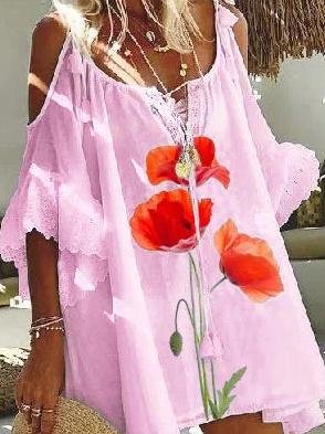 Flower Printed Off-shoulder Mini Dress - Mini Dresses - INS | Online Fashion Free Shipping Clothing, Dresses, Tops, Shoes - 15/06/2021 - Color_Blue - Color_Pink
