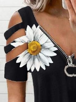 Flower Printed Zipper Off-shoulder T-shirt - T-shirts - INS | Online Fashion Free Shipping Clothing, Dresses, Tops, Shoes - 06/07/2021 - 20-30 - color-black