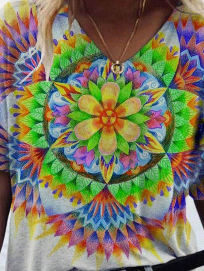 Flower Shape Print Short-sleeved T-shirt - T-shirts - INS | Online Fashion Free Shipping Clothing, Dresses, Tops, Shoes - 09/06/2021 - Color_Gray - Size_2XL