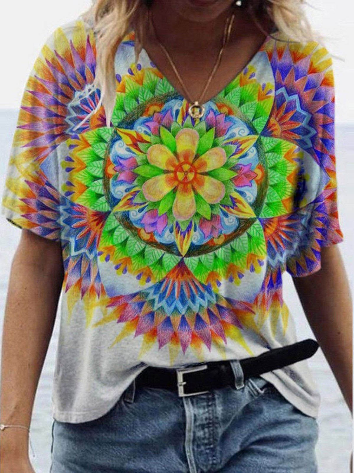 Flower Shape Print Short-sleeved T-shirt - T-shirts - INS | Online Fashion Free Shipping Clothing, Dresses, Tops, Shoes - 09/06/2021 - Color_Gray - Size_2XL