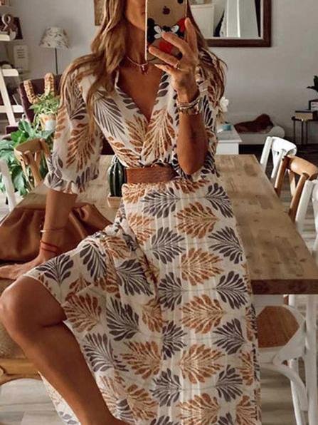 Flowy V-neck Printed Belted Holiday Dress - Maxi Dresses - INS | Online Fashion Free Shipping Clothing, Dresses, Tops, Shoes - 01/06/2021 - Color_White - DRE2105311126