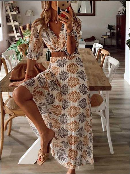Flowy V-neck Printed Belted Holiday Dress - Maxi Dresses - INS | Online Fashion Free Shipping Clothing, Dresses, Tops, Shoes - 01/06/2021 - Color_White - DRE2105311126