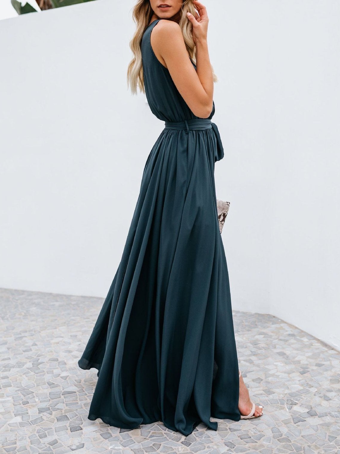 Flowy V-neck Sleeveless Mid-waist Dress - Maxi Dresses - INS | Online Fashion Free Shipping Clothing, Dresses, Tops, Shoes - 18/06/2021 - 20-30 - color-navy-blue
