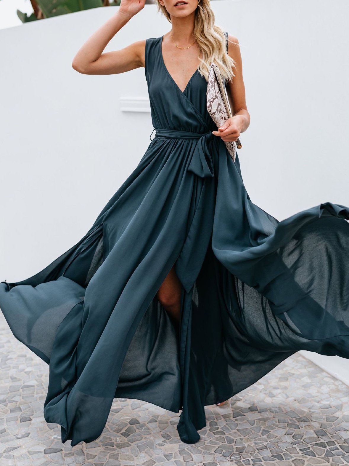 Flowy V-neck Sleeveless Mid-waist Dress - Maxi Dresses - INS | Online Fashion Free Shipping Clothing, Dresses, Tops, Shoes - 18/06/2021 - 20-30 - color-navy-blue