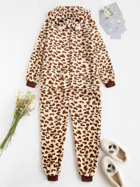 Fluffy Fleece Animal Leopard Onesie Pajamas - INS | Online Fashion Free Shipping Clothing, Dresses, Tops, Shoes