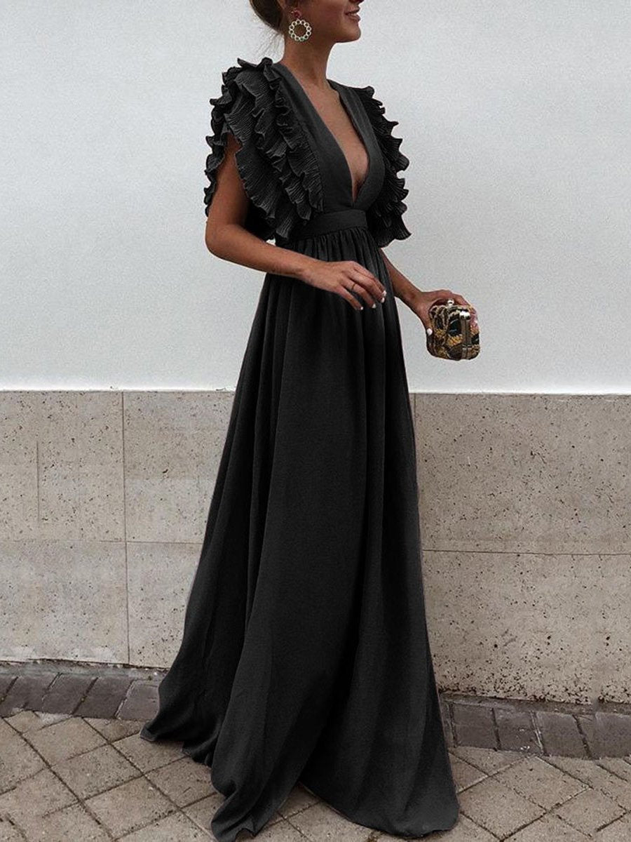 Flying Sleeves V-neck Open Back Solid Long Flowy Dress - Maxi Dresses - INS | Online Fashion Free Shipping Clothing, Dresses, Tops, Shoes - 22/07/2021 - 30-40 - color-black