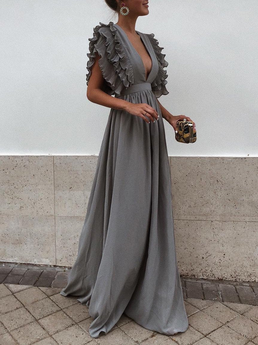 Flying Sleeves V-neck Open Back Solid Long Flowy Dress - Maxi Dresses - INS | Online Fashion Free Shipping Clothing, Dresses, Tops, Shoes - 22/07/2021 - 30-40 - color-black