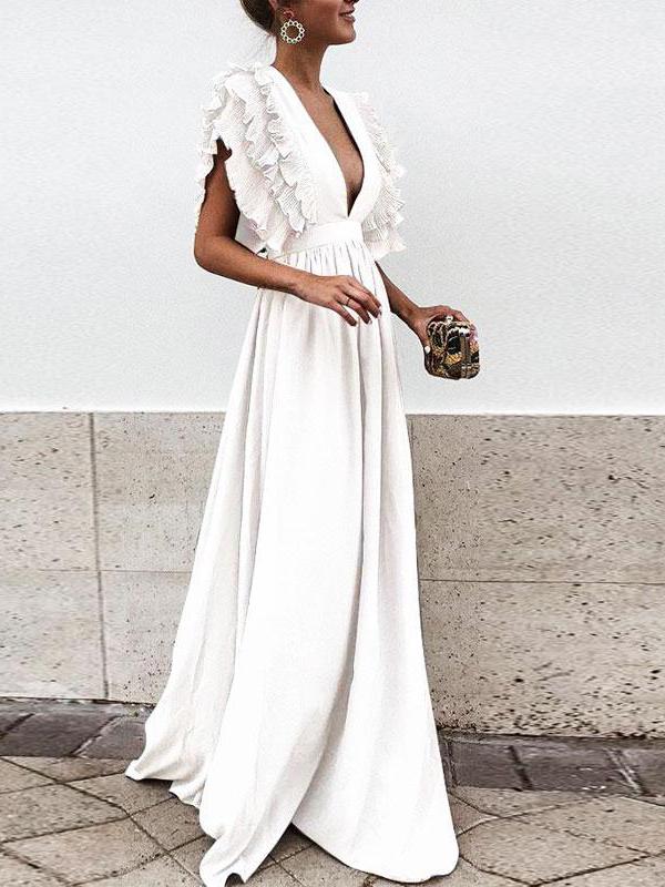 Flying Sleeves V-neck Open Back Solid Long Flowy Dress - Maxi Dresses - INS | Online Fashion Free Shipping Clothing, Dresses, Tops, Shoes - 22/07/2021 - 30-40 - color-black