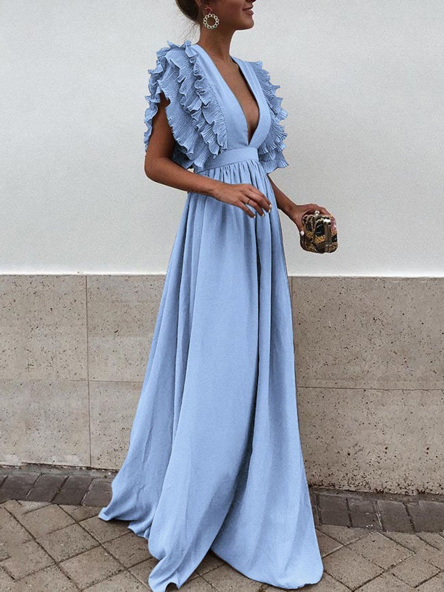 Flying Sleeves V-neck Open Back Solid Long Flowy Dress - Maxi Dresses - INS | Online Fashion Free Shipping Clothing, Dresses, Tops, Shoes - 22/07/2021 - 30-40 - color-black
