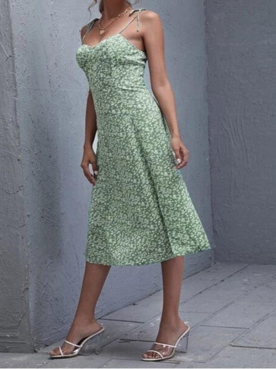 Foral Print Split Hem Midi Dress - 300 - INS | Online Fashion Free Shipping Clothing, Dresses, Tops, Shoes - 10/06/2021 - Color_Green - DRE2106100285