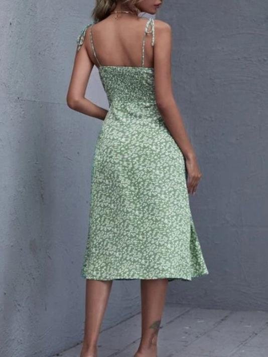 Foral Print Split Hem Midi Dress - 300 - INS | Online Fashion Free Shipping Clothing, Dresses, Tops, Shoes - 10/06/2021 - Color_Green - DRE2106100285