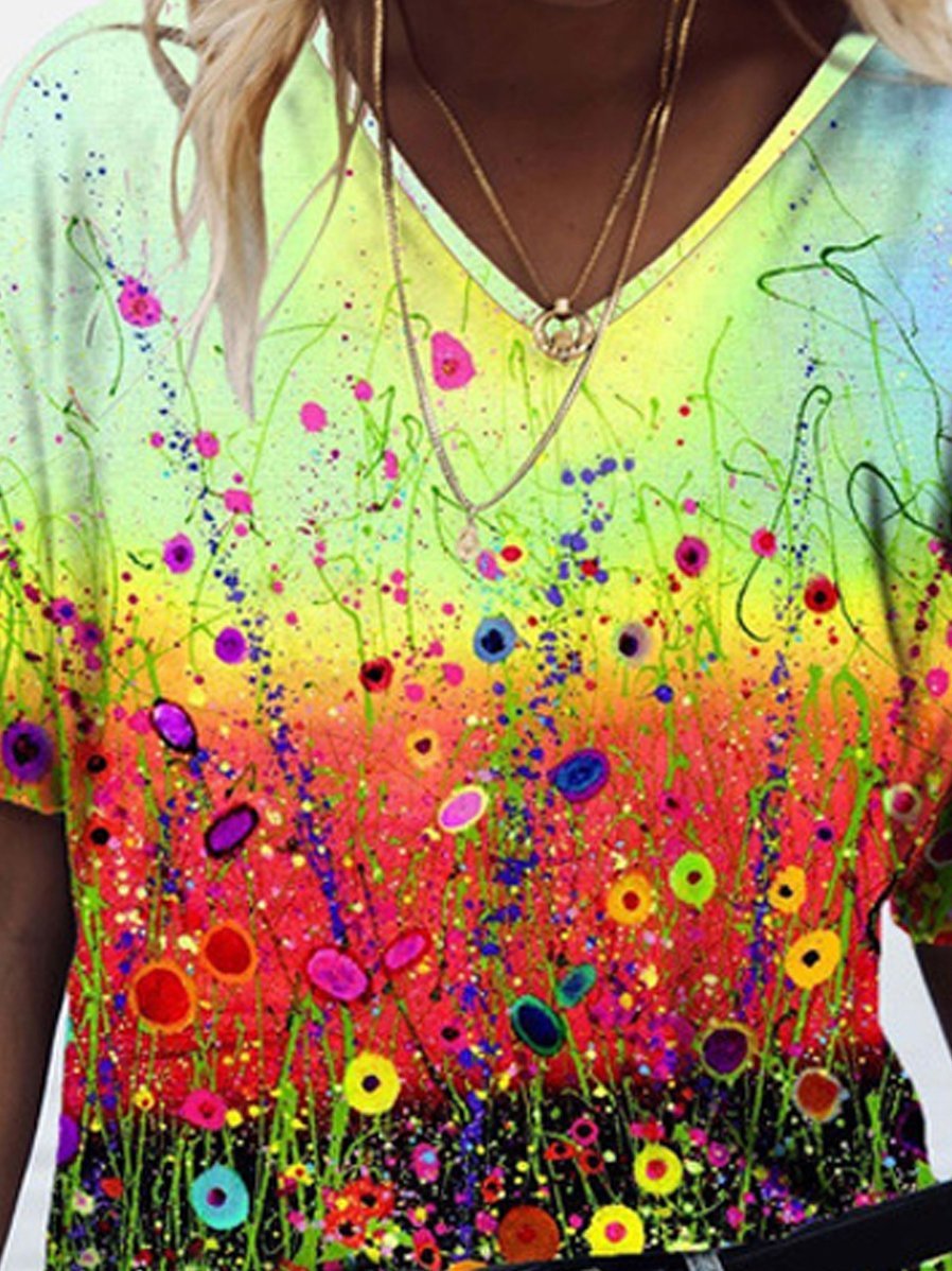 Foral Printed V-neck Short-sleeved T-shirt - T-shirts - INS | Online Fashion Free Shipping Clothing, Dresses, Tops, Shoes - 07/06/2021 - Color_Yellow - Size_2XL