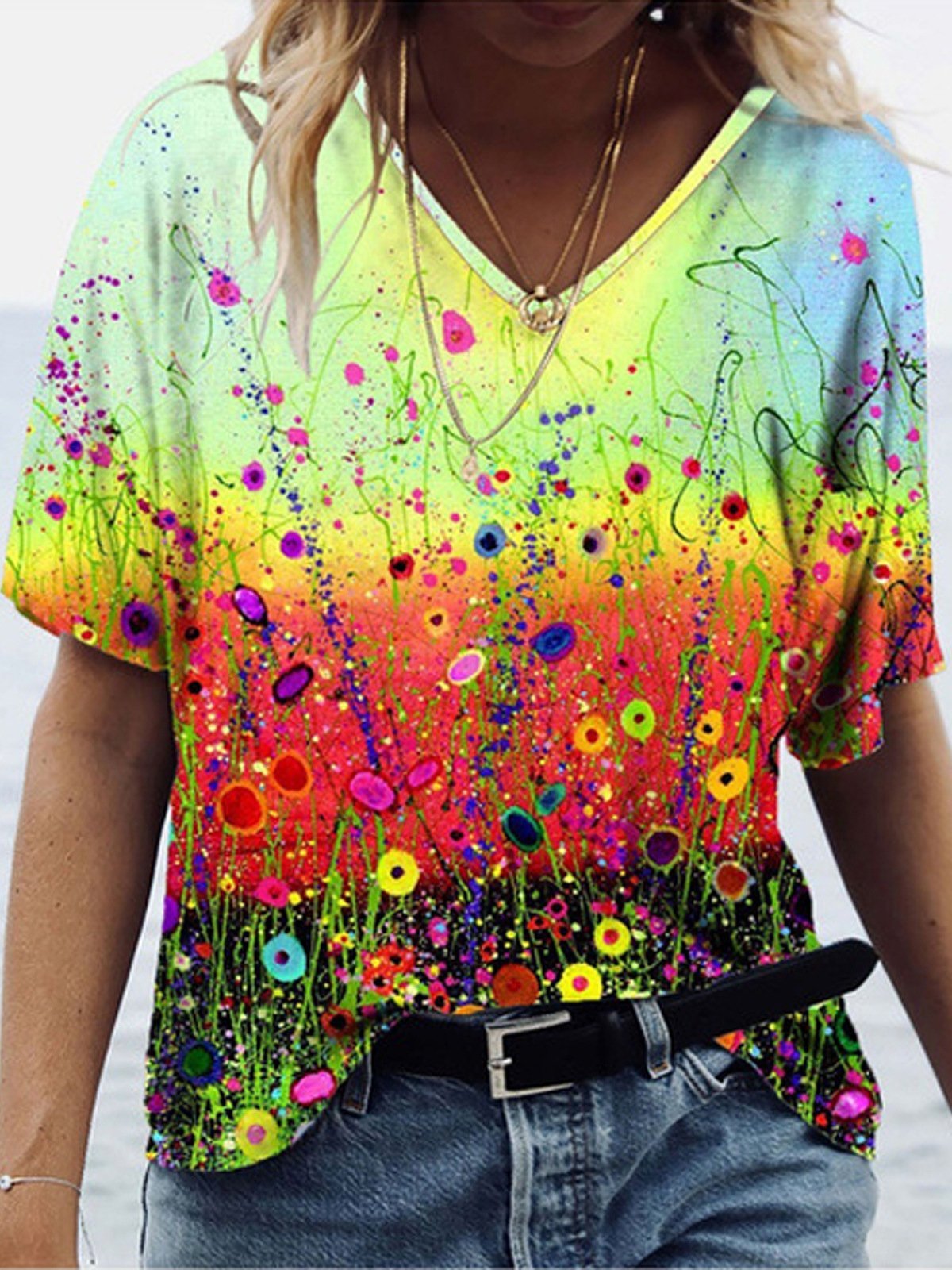 Foral Printed V-neck Short-sleeved T-shirt - T-shirts - INS | Online Fashion Free Shipping Clothing, Dresses, Tops, Shoes - 07/06/2021 - Color_Yellow - Size_2XL