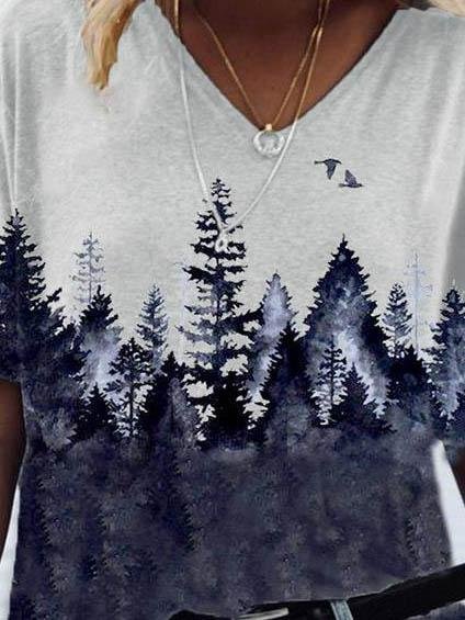 Forest Print Short-sleeved V-neck T-shirt - T-shirts - INS | Online Fashion Free Shipping Clothing, Dresses, Tops, Shoes - 08/06/2021 - Color_Gray - Color_White