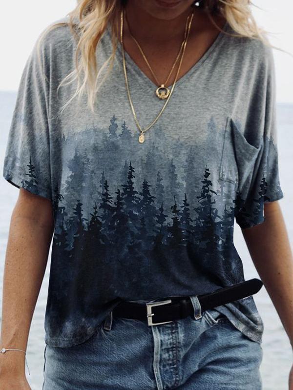Forest Print Short-sleeved V-neck T-shirt - T-shirts - INS | Online Fashion Free Shipping Clothing, Dresses, Tops, Shoes - 08/06/2021 - Color_Gray - Color_White