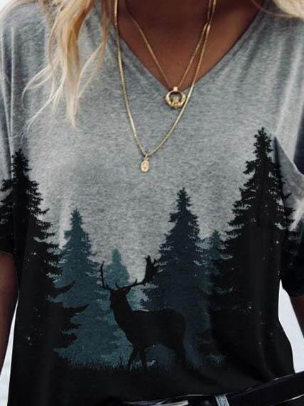 Forest Print Short-sleeved V-neck T-shirt - T-shirts - INS | Online Fashion Free Shipping Clothing, Dresses, Tops, Shoes - 08/06/2021 - Color_Gray - Color_White