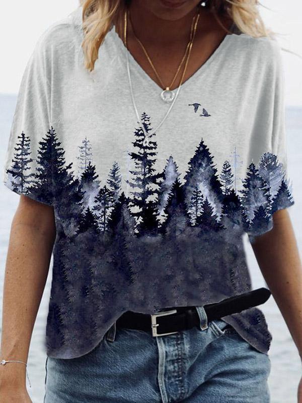 Forest Print Short-sleeved V-neck T-shirt - T-shirts - INS | Online Fashion Free Shipping Clothing, Dresses, Tops, Shoes - 08/06/2021 - Color_Gray - Color_White