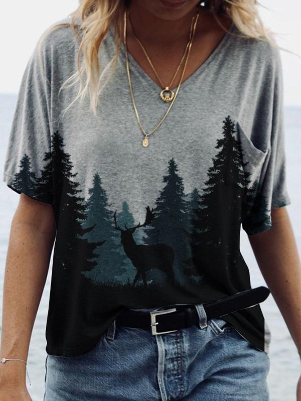 Forest Print Short-sleeved V-neck T-shirt - T-shirts - INS | Online Fashion Free Shipping Clothing, Dresses, Tops, Shoes - 08/06/2021 - Color_Gray - Color_White