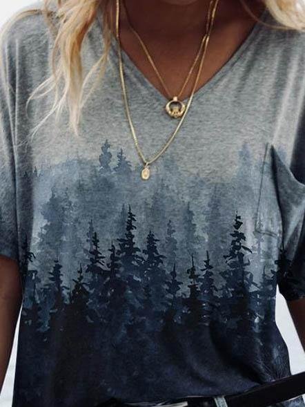 Forest Print Short-sleeved V-neck T-shirt - T-shirts - INS | Online Fashion Free Shipping Clothing, Dresses, Tops, Shoes - 08/06/2021 - Color_Gray - Color_White