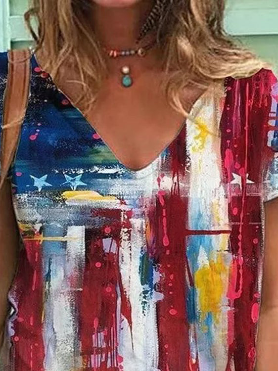 Multicolor Printed V Neck Loose Short Sleeve T-shirt